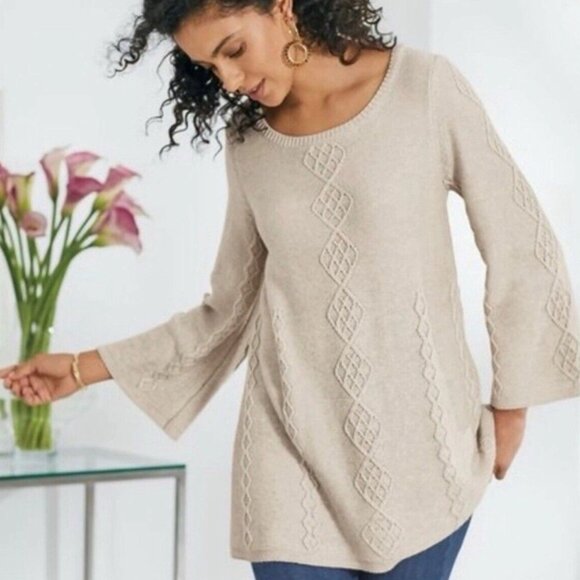 Soft Surroundings Large L Oatmeal‎ Reza Silk Cashmere Lattice Diamond Sweater - Picture 1 of 7